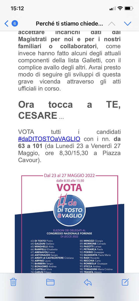 Se “tocca a me” vi prego:per favore basta! Ogni mail sempre più sgradevole,allusiva,avvilente.Non si dimostra così“Autorevolezza e dignità”dell’Avvocatura,anzi! Parlateci di programmi,idee,principi.Ispiratevi a Croce, Famà, Ambrosoli.Ricordatelo, siamo persone serie:Avvocati!