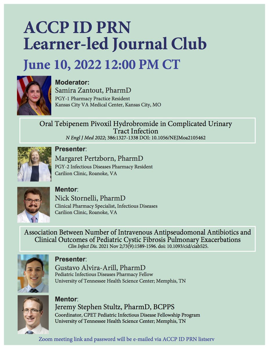 🚨Attention ID PRN Members! Please join us for the next ID PRN Learner-Led Journal Club on June 10th, 2022 at 12PM Central Time! Journal articles and other details below! Zoom passcode can be found via email on the ID PRN Listserv.<a href="/SIDPharm/">SIDP</a>