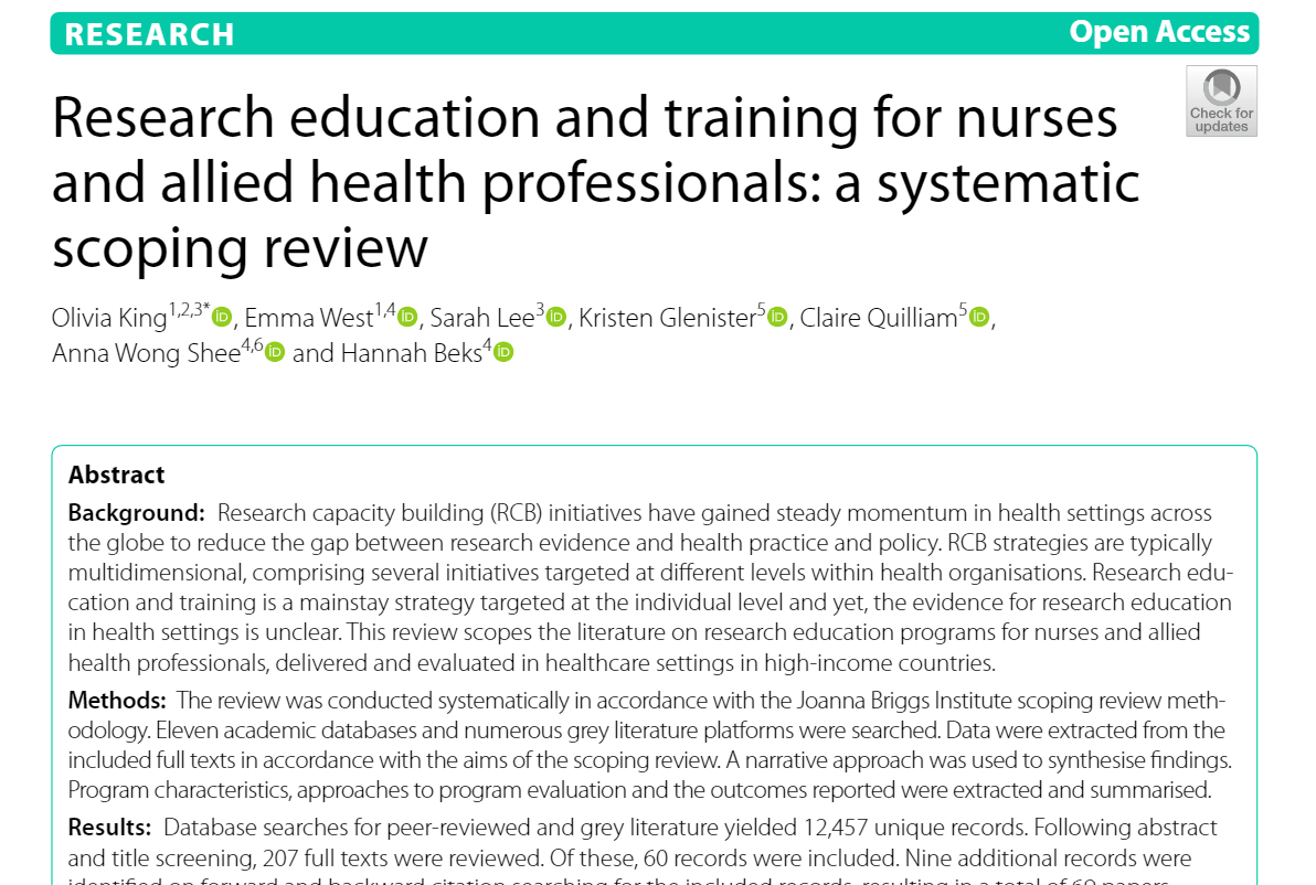 oliviaaking's tweet photo. Research education is a mainstay capacity-building strategy but what's the evidence? We've scoped the literature, you can read about it here https://t.co/7o2eBp8RAv @Em_CWest @MissSarahLLee @WAAHSC https://t.co/UCk27KZoxB