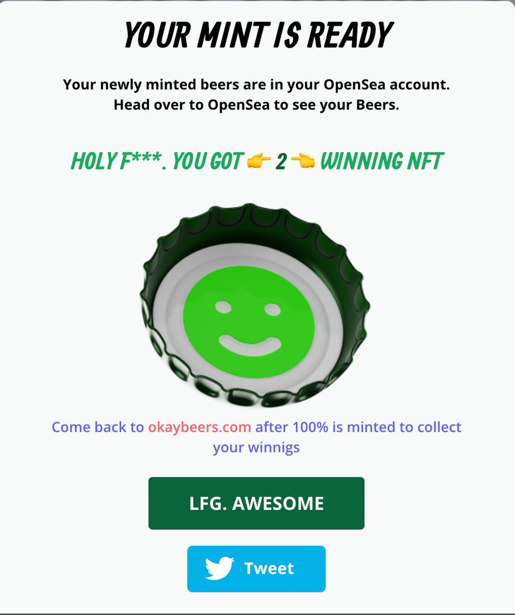 Picked up a few out of curiosity. First time getting luck with 2.69 Eth winning...LFG <a href="/Okay_Beers/">Okay Beers 👌🍻 | MINT LIVE</a>