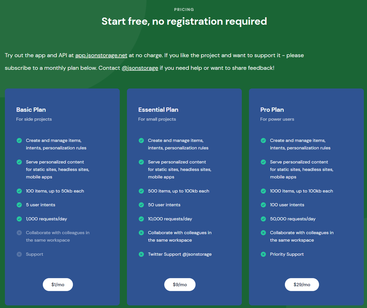 jsonstorage's tweet image. Check out update @jsonstorage pricing! New "Basic" plan starts at just $1/mo, includes 1,000 API requests/day, personalization and more!