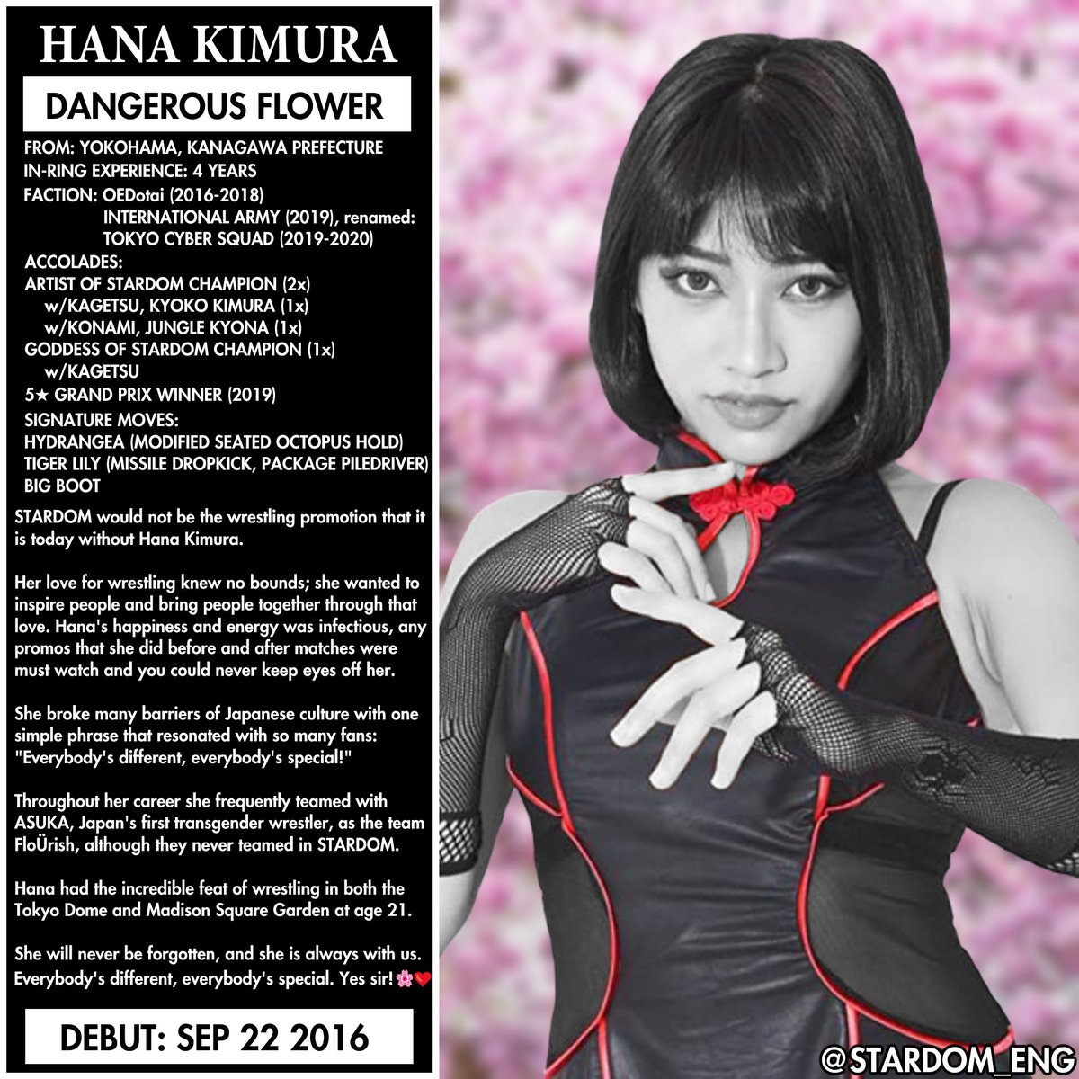 STARDOM_ENG's tweet image. Today's wrestler biography is a special one - a person who touched the lives of so many within wrestling and has left her mark on the industry in her short time with us.

The last wrestler in the biography series. 

My favourite wrestler of all time: Hana Kimura.