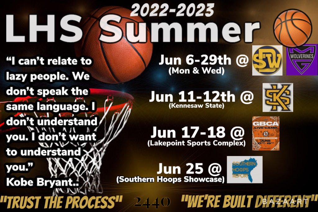 CoachMarionDHS's tweet photo. Summer basketball schedule.  
**June 6-29 Monday &amp; Wednesday Varsity at SWD and Miller Grove
** June 11-12 at Kennesaw State
** June 17-18 GBCA Showcase at Lakepoint Sports Complex 
** June 25 southern hoop/on da radar showcase at Next Play 360 https://t.co/bvirJ66nWt