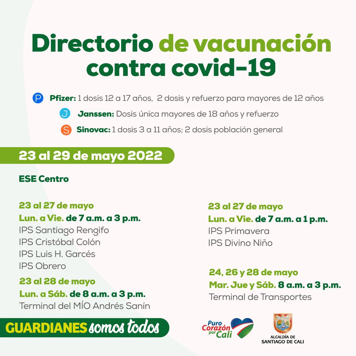 SaludCali's tweet photo. ¡La vacunación sigue activa en la capital vallecaucana!

Tendremos puntos habilitados en lugares estratégicos de la ciudad, para que la comunidad entera pueda acceder a la inmunización contra la covid-19.

#TeQueremosCali 💙❤️💚

@AlcaldiaDeCali @MiyerTorresA https://t.co/xgMERlSRjl