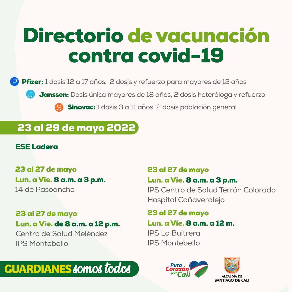 SaludCali's tweet photo. ¡La vacunación sigue activa en la capital vallecaucana!

Tendremos puntos habilitados en lugares estratégicos de la ciudad, para que la comunidad entera pueda acceder a la inmunización contra la covid-19.

#TeQueremosCali 💙❤️💚

@AlcaldiaDeCali @MiyerTorresA https://t.co/xgMERlSRjl