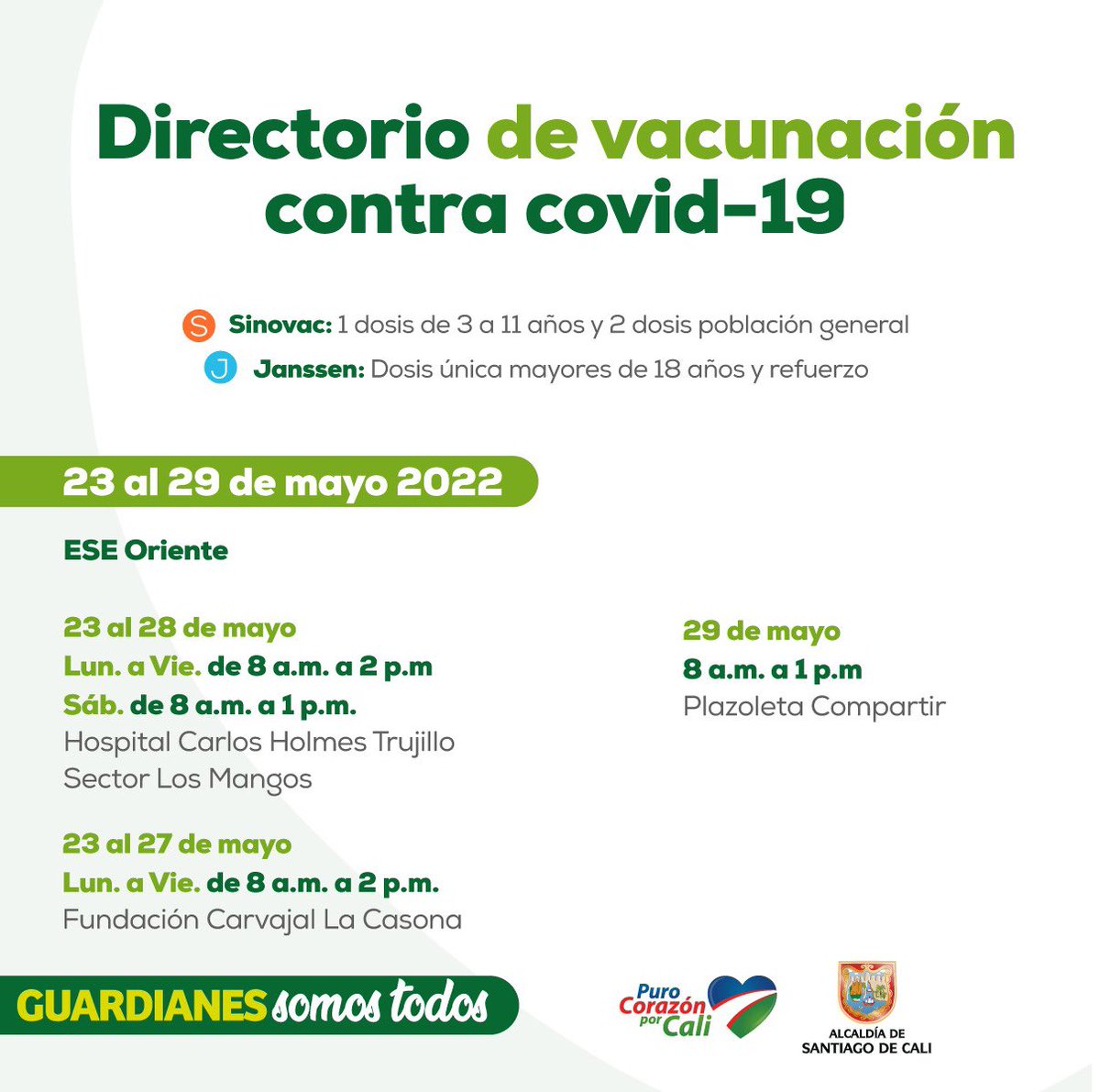 SaludCali's tweet photo. ¡La vacunación sigue activa en la capital vallecaucana!

Tendremos puntos habilitados en lugares estratégicos de la ciudad, para que la comunidad entera pueda acceder a la inmunización contra la covid-19.

#TeQueremosCali 💙❤️💚

@AlcaldiaDeCali @MiyerTorresA https://t.co/xgMERlSRjl