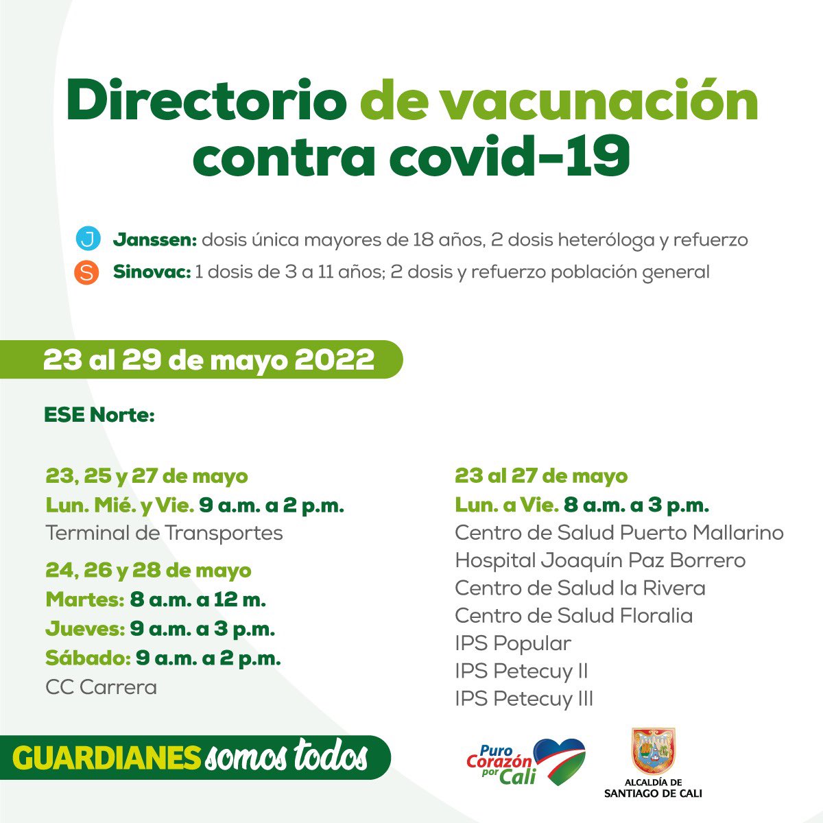 SaludCali's tweet photo. ¡La vacunación sigue activa en la capital vallecaucana!

Tendremos puntos habilitados en lugares estratégicos de la ciudad, para que la comunidad entera pueda acceder a la inmunización contra la covid-19.

#TeQueremosCali 💙❤️💚

@AlcaldiaDeCali @MiyerTorresA https://t.co/xgMERlSRjl