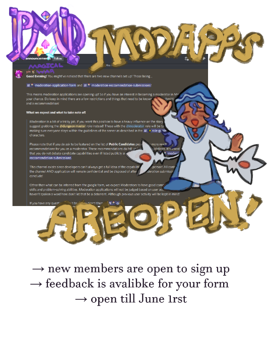 pmdmagicalwar's tweet photo. PMD MAGICAL WAR MODERATION APPLICATIONS ARE OPEN! ✨
→ If that doesn't interest you, we'll of course welcome you as a normal member. Here are some things we offer!
→ Not interested? Show your friends, we'd appreciate it! https://t.co/UpJLxiubDT