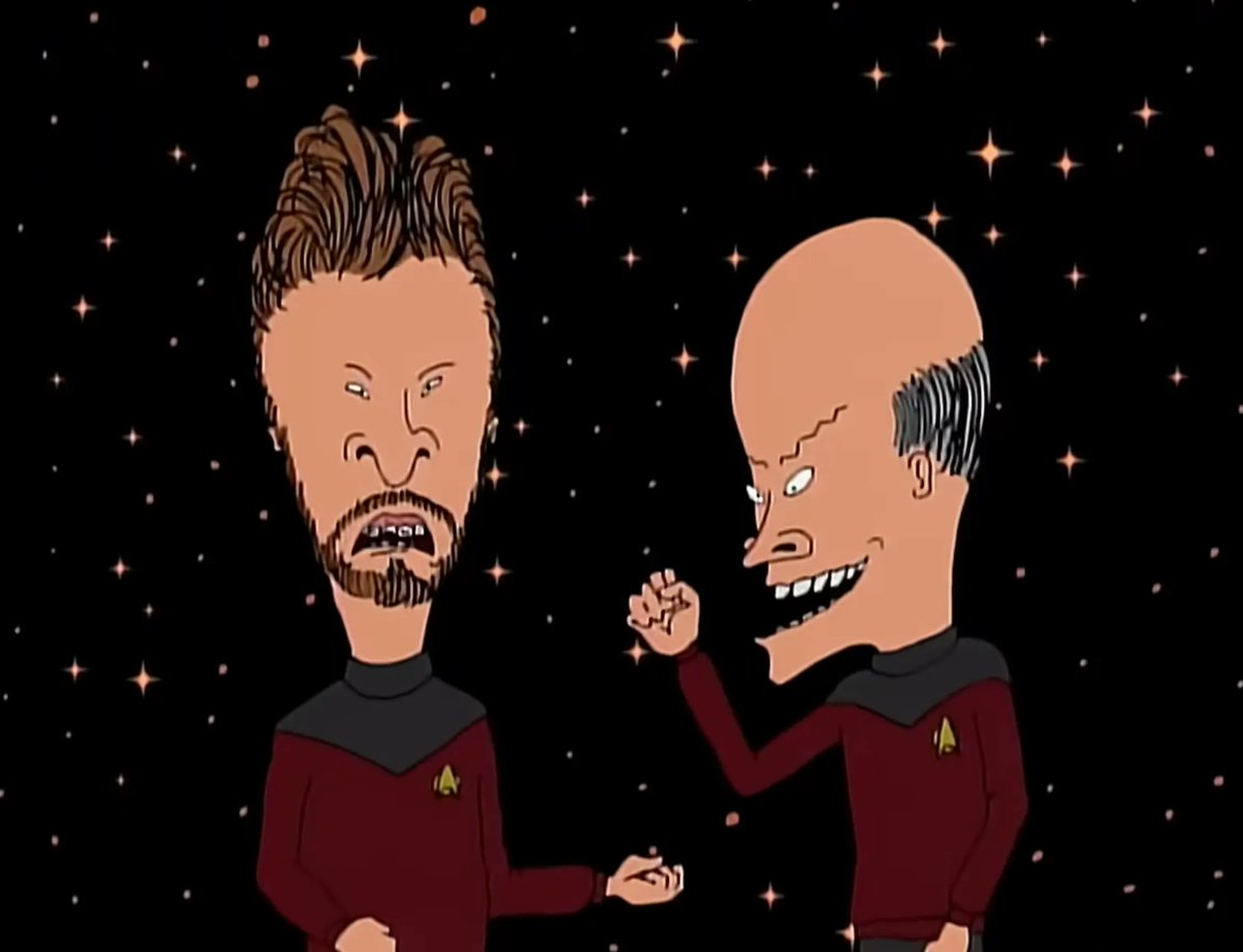 TrekUntold's tweet photo. Star Trek meets Beavis and Butthead - The greatest mash-up that ever existed (Bonus points if you know where this screenshot came from)

#beavisandbutthead #mtv #startrek #startrekTNG #funnymemes #90s #90smemes #shutupbeavis #patrickstewart #picard #strangenewworlds #trekkies https://t.co/o1OGJbYOHg