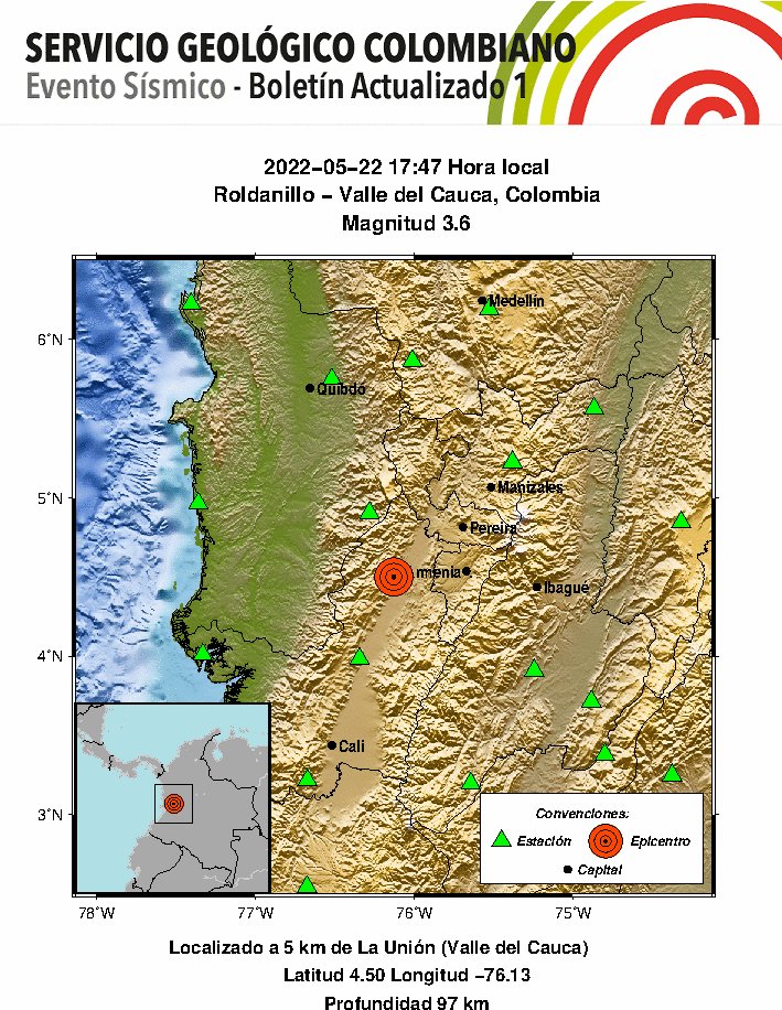 sgcol's tweet photo. #SismosColombiaSGC Evento Sísmico - Boletín Actualizado 1, 2022-05-22, 17:47 hora local Magnitud 3.6, Profundidad 97 km, Roldanillo - Valle del Cauca, Colombia ¿Sintió este sismo? repórtelo https://t.co/ehDqPbETsf https://t.co/63pt8nVsSe #NoticiaEnDesarrollo #Sismo https://t.co/9QvhrnI5n8