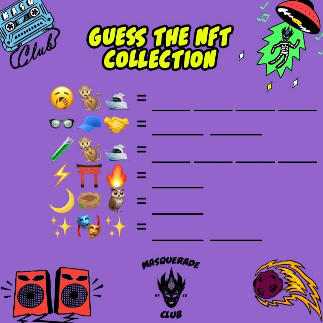 MasqeradeClub's tweet photo. 🎉#GIVEAWAY🎉
Can you guess? How about guessing NFT collection from the emoji? It’s time to find out 😉 

Prize 🎁 -> 🎭WL🎭
✅Follow @MasqeradeClub
✅RT &amp; Like
✅Tag 3 friends
✅Join Discord
➡️https://t.co/JOzpGQ097z
🚀 Drop your answer in the comment section

#NFT #NFTGiveaway https://t.co/AXsO9H9tky