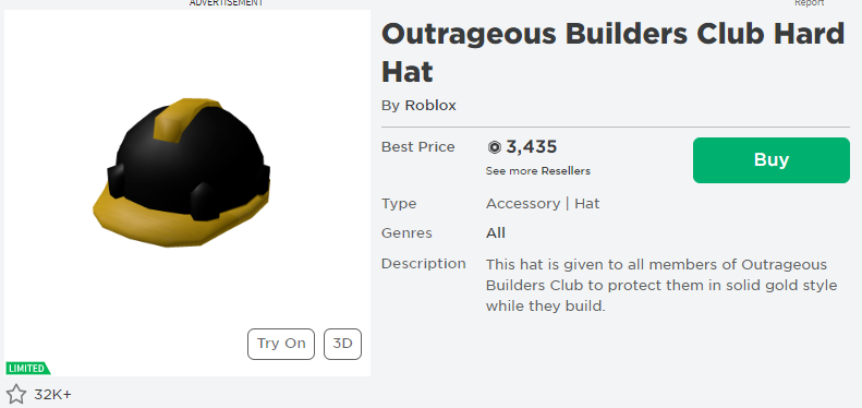 RobloxTranslate's tweet image. The infamous builder's club cap has been shortened! The average price is three thousand.