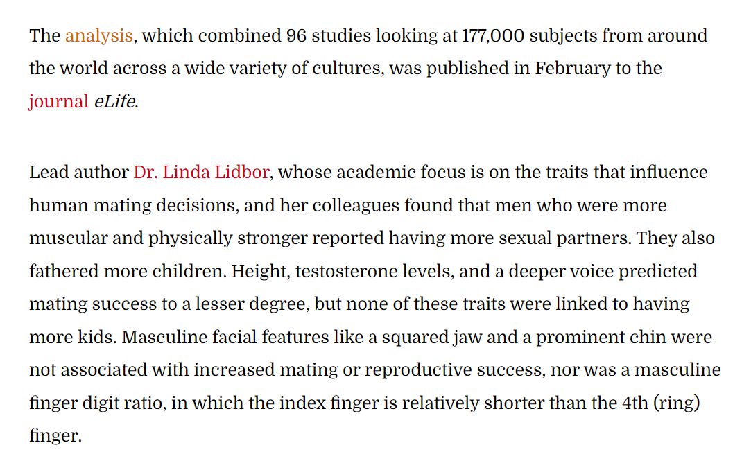 SteveStuWill's tweet image. Meta-analysis of 96 studies looking at 177,000 participants from around the world finds that the traits that best predict men's mating and reproductive success are strength and muscularity. realclearscience.com/articles/2022/…