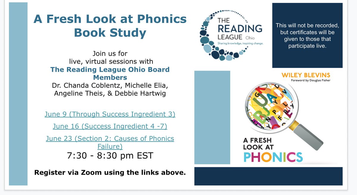Please join us for a summer book study! We will be reading A Fresh Look at Phonics by Wiley Blevins. The meetings will be held via Zoom on June 9, 16, &amp; 23 from 7:30- 8:30 pm EST. drive.google.com/file/d/1ls0b3Y…