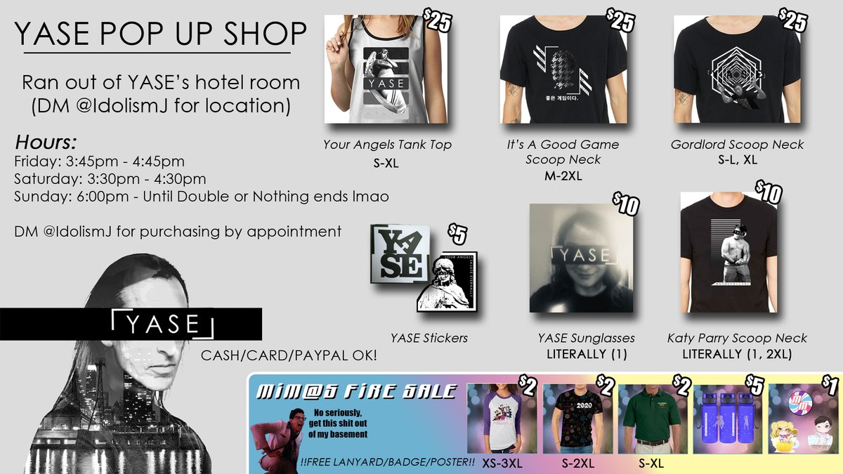 IdolismJ's tweet image. What's YASE Pop-Up Shop? I'm so glad you asked. I will be selling YASE and old MiMas merch out of the hotel room whenever available. If you want to schedule a time to scoop something or know where the room is, DM me