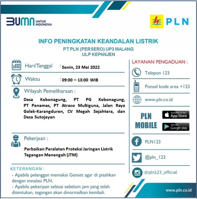 Info peningkatan keandalan listrik Senin 23 mei 2022 ulp kepanjen <a href="/infomalang/">Info Malang</a> <a href="/RRIMalang/">RRI Malang I Kanal Informasi dan Inspirasi</a> <a href="/Senaputra_FM/">Senaputraᅠᅠᅠᅠᅠᅠᅠᅠᅠ</a> <a href="/kepanjen_kita/">#WalikotaKepanjen</a> <a href="/cityguide911fm/">City Guide 911 FM</a> <a href="/kabmalanginfo/">KAB MALANG INFO</a> #Malang