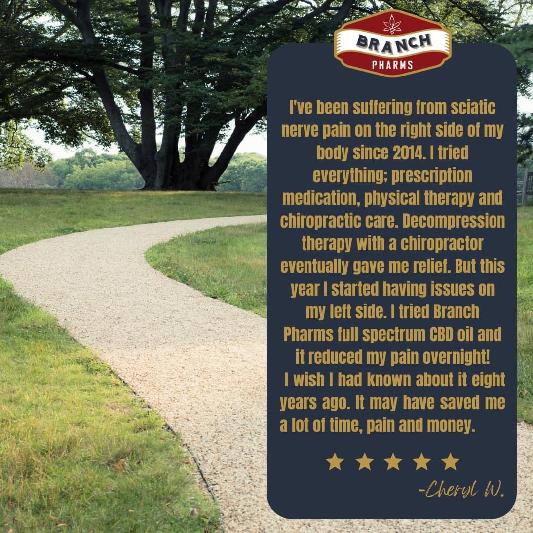 BranchPharms's tweet photo. #BranchPharmer Cheryl W. has struggled with #sciaticpain for almost a decade.  She recently began using our full spectrum CBD oil and it has reduced her pain significantly.  Let us help you on your path to #recovery, visit https://t.co/FkXLb16UyK.
.
.
#selfcaresunday https://t.co/LRHizpfocA