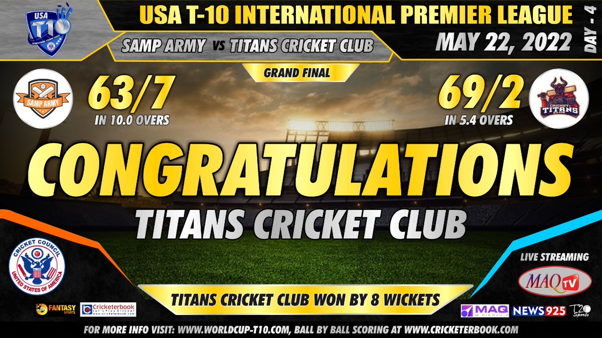 Congrats! to Titans CC - Champions of USA T-10 INTERNATIONAL PREMIER LEAGUE Action From Broward County Stadium FL, USA #samparmy #titans #usat10 #USA #T10 #CRICKET #USOPENCRICKET #ICC #CCUSA #MAQTV Live- Streaming - maqtv.com / youtube.com/maqtv