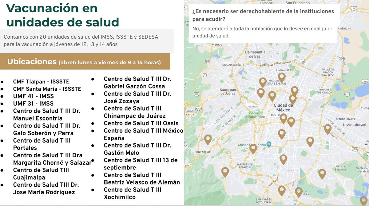 SSaludCdMx's tweet photo. Mañana continúa la vacunación  anti #COVID19 para las y los adolescentes de 12 a 14 años 🙋🏽🙋🏽‍♀️de la Ciudad de México en 22 puntos.

📍2 macro sedes (de 07:30 a 16:00 h) y 20 unidades de salud (09:00 a 14:00 h).
✅Deben acudir acompañados de un adult@. https://t.co/6rFRx9Qe5N