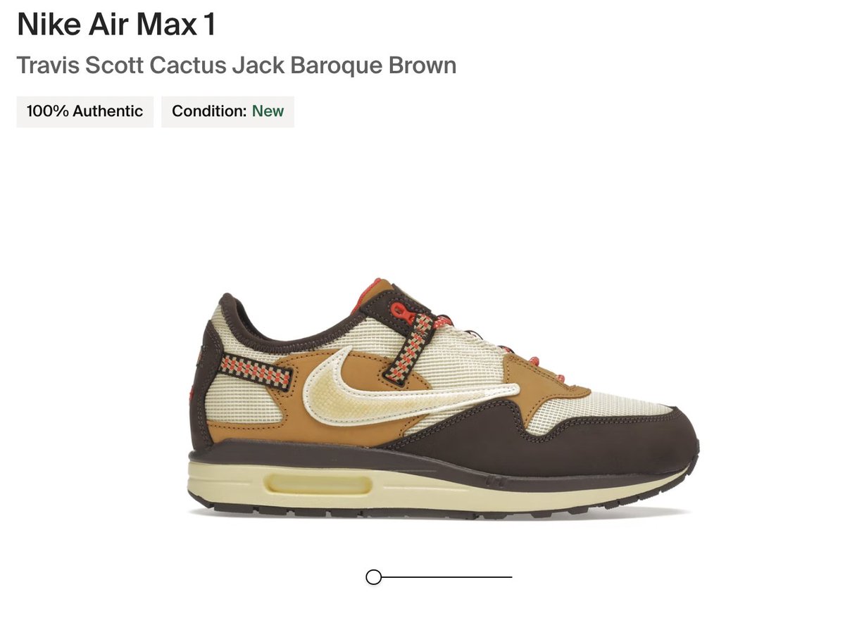 GawdofFrames's tweet image. Lmao StockX has a pic of fakes on their listing for the Travis AM 1s. Right pic is from SNKRS. Look how the swoosh isn&apos;t touching the brown part.