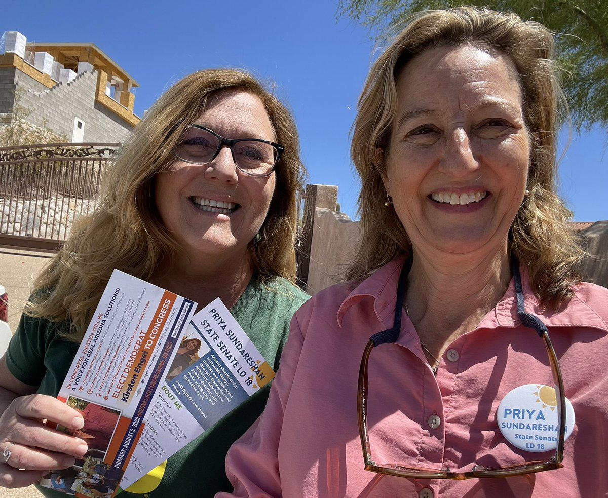 EngelForArizona's tweet photo. This is what democracy is all about! Talking directly to voters at their doors! Thanks to all the volunteers who made our first full weekend of door-knocking such a success! #KeepAZblue #ElectDems @priya4az @KatForAz https://t.co/HrAnLAnu80