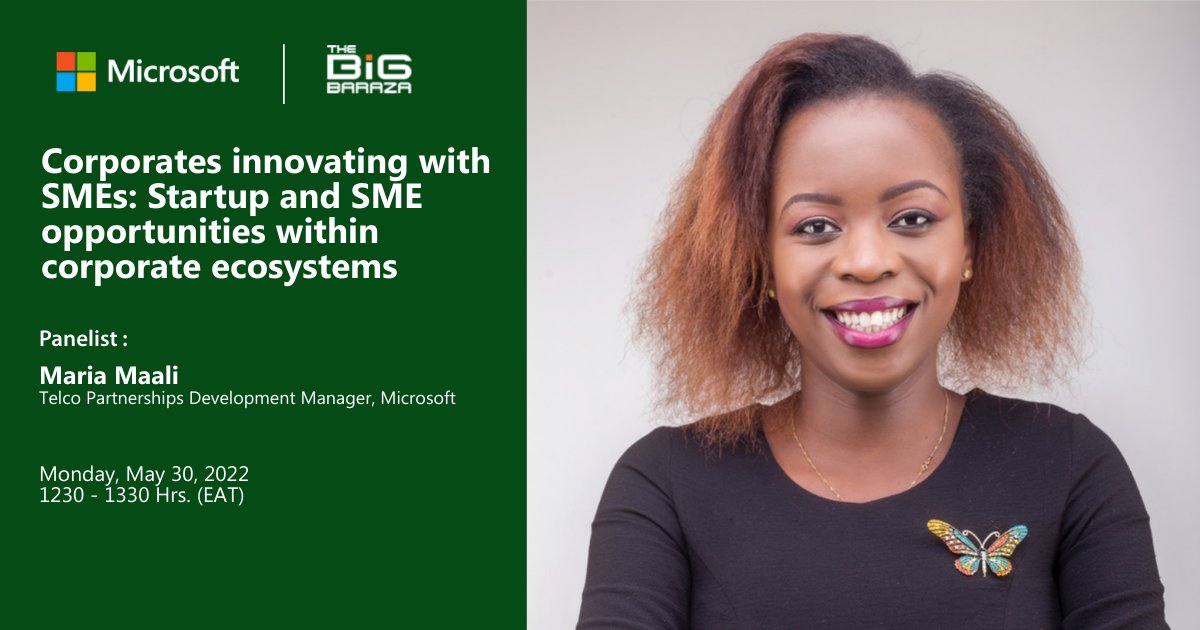 Happening Now:

How can startups leverage existing corporate structures and ecosystems, to scale and grow?
<a href="/MsMariaMaali/">MM</a>, Telco partnerships development manager at Microsoft, will be part of a panel taking part in this discussion at the #BigBaraza.
#OwningTheTimes #SME