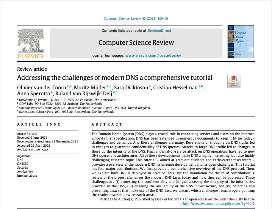 Two of our (former) PhD candidates (Olivier and Moritz) compiled an impressive tutorial on the challenges of modern DNS. With contributions by <a href="/SinodunCom/">Sinodun.com</a>, @hesselma, <a href="/asperott/">Anna</a> and @reseauxsansfil

Out now, and available as open access to everyone!

sciencedirect.com/science/articl…