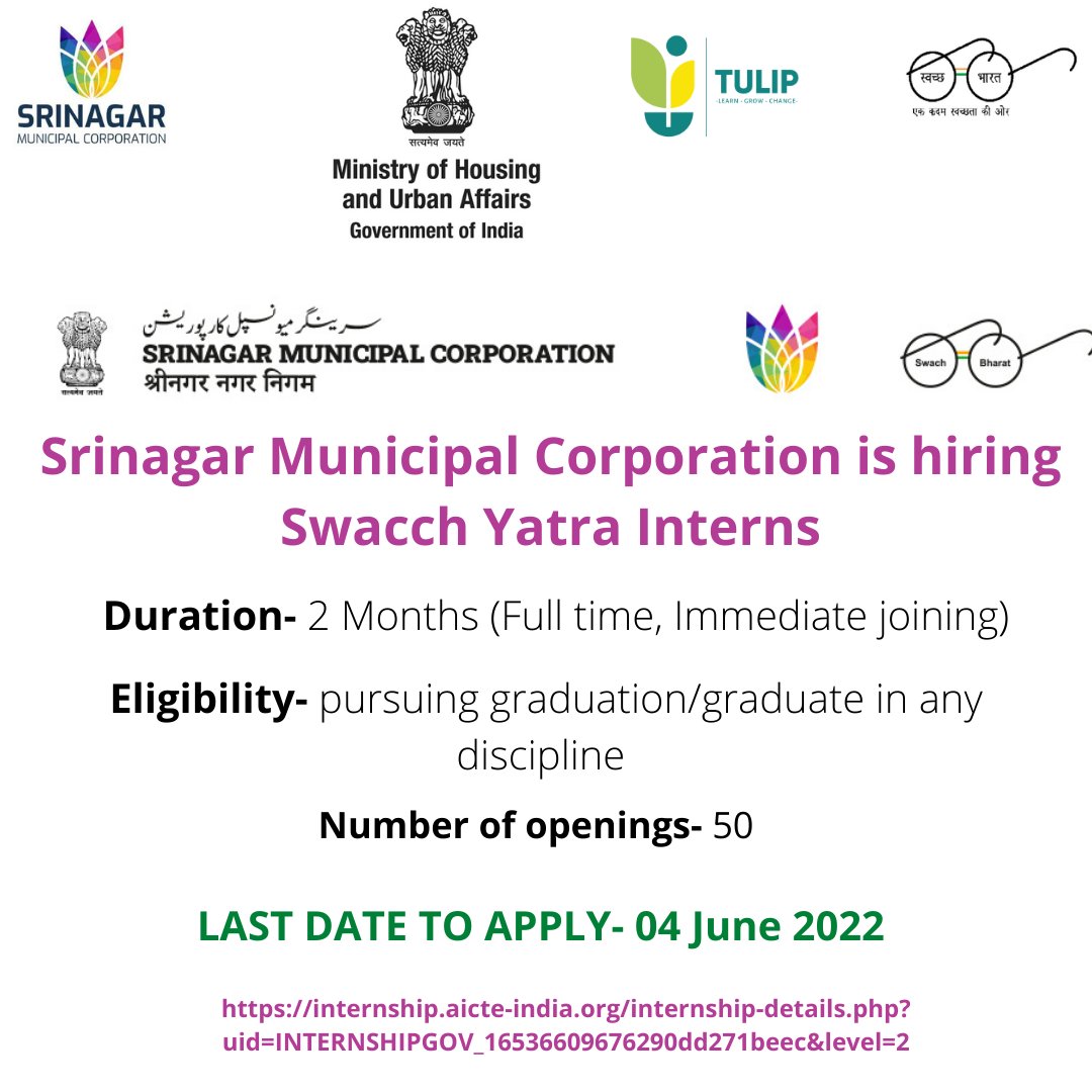 Opportunity for J&amp;K students to work with the Government. Apply now: internship.aicte-india.org/internship-det… <a href="/Secretary_MoHUA/">Srinivas Katikithala</a> <a href="/KunalKumarPMC/">Kunal Kumar</a> <a href="/MehanJitendar/">jitendar kumar mehan</a> <a href="/chandravikash/">Vikash Chandra</a> <a href="/rupeshchopra/">Rupesh (RSR)</a>  <a href="/srinagaradmin/">Srinagar district administration</a> <a href="/PIBSrinagar/">PIB in Jammu Kashmir & Ladakh</a> #internship #Srinagar #TULIP #smartcitiesmission #SwachhBharatMission