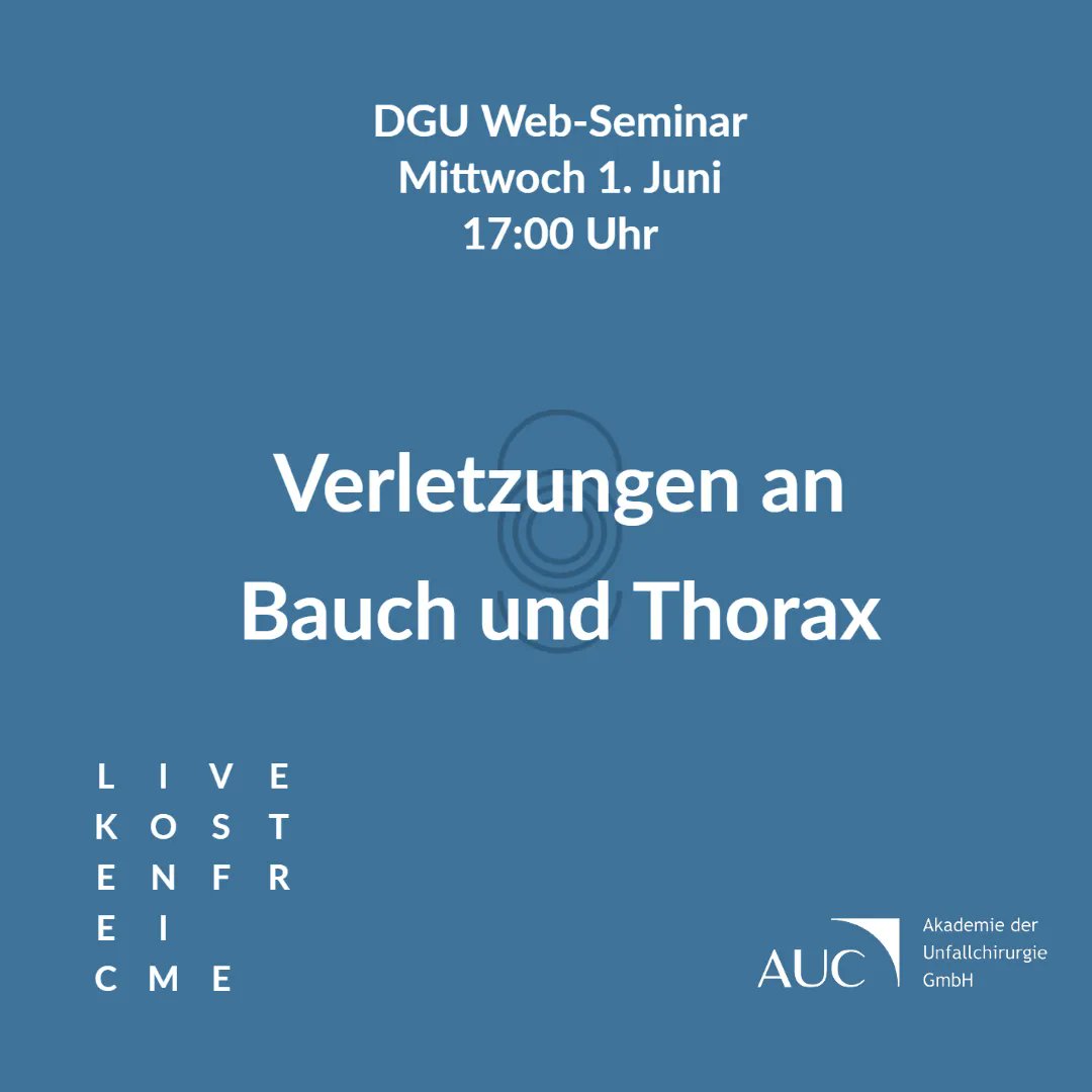 Diesen Mittwoch thematisieren wir Verletzungen an Bauch und Thorax. Wir laden gemeinsam mit viszeralchirurgischen Experten zur kontroversen Diskussion ein: Melden Sie sich kostenfrei an zu unserem DGU Web-Seminar unter bit.ly/30f7fNW #Unfallchirurgie