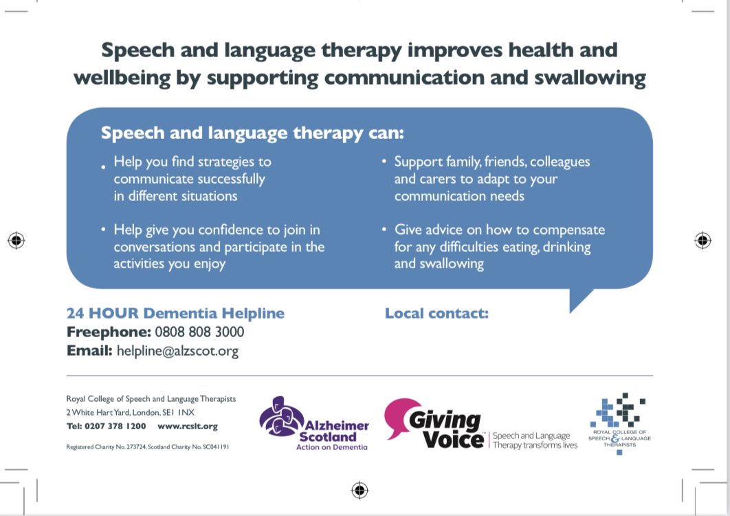 adultSLTLan's tweet photo. It’s Dementia Awareness Week this week. Speech &amp; Language Therapists can support people living with dementia with swallowing and communication difficulties. You can contact your local service or @alzscot helpline for advice #dementiaawarenessweek #dementia #SLT #withSLTyoucan https://t.co/wO8bjRjQbr
