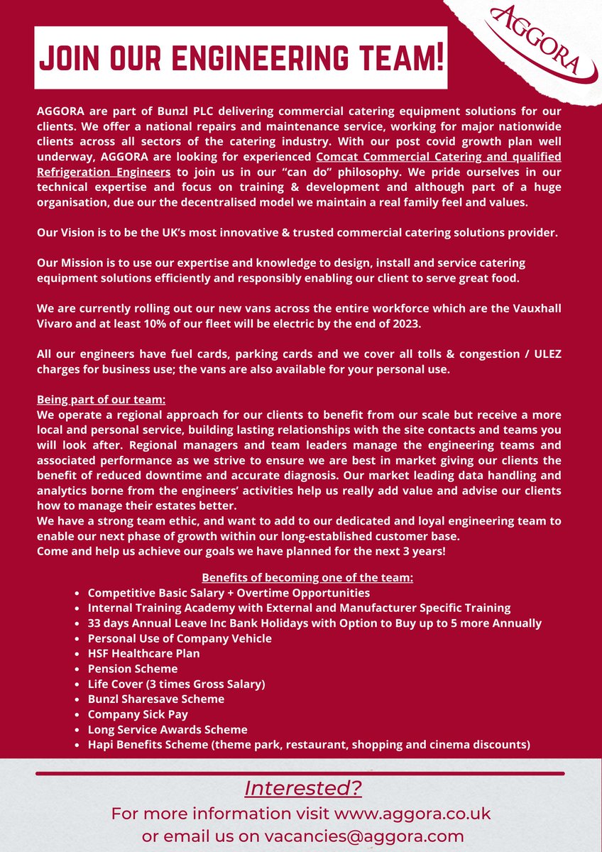 We're #hiring! Are you a Refrigeration #Engineer looking for a new challenge? Email vacancies@aggora.com to find out more...
