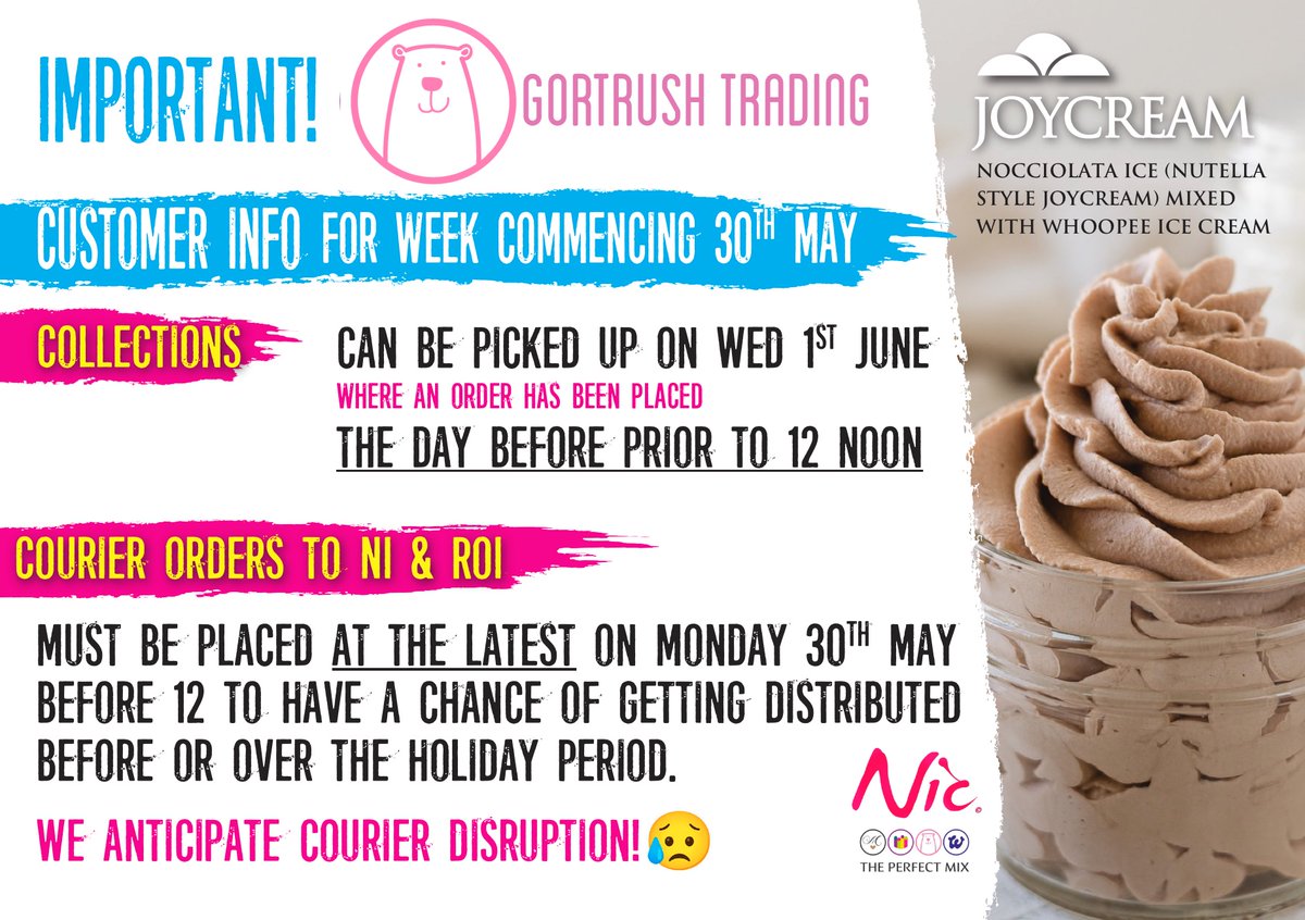 PLEASE READ... important Gortrush customer info for NEXT WEEK. Note also closures on 2nd June with limited deliveries &amp; 3rd June with no deliveries. Enjoy the holidays everyone!