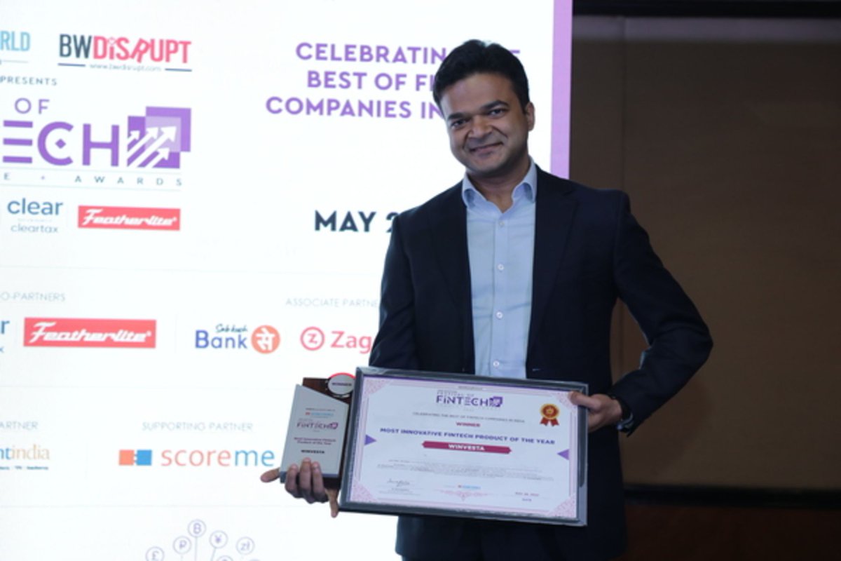 winvesta's tweet photo. And the winner is?

Your very own company - Winvesta!

Over the weekend, Winvesta was awarded the most innovative fintech product of the year by @BWBusinessworld 

Here's our founder &amp; CEO @swastyk accepting the award on behalf of the entire team!

#Winvesta #fintech #disruption https://t.co/O32Jta3NzB