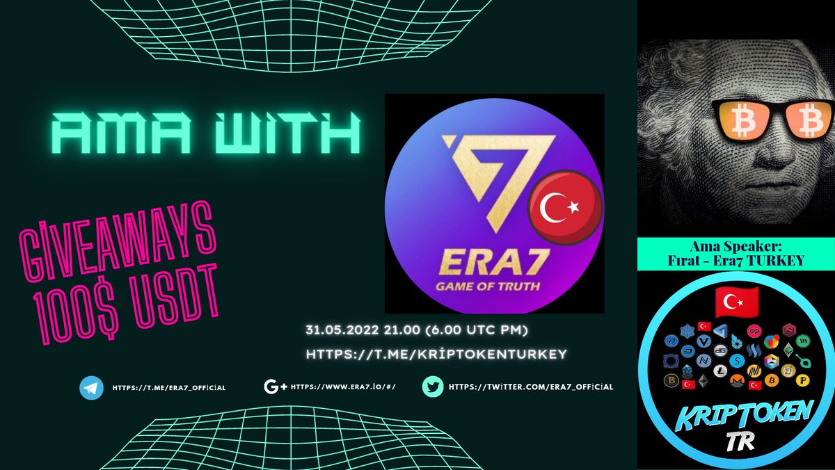 KripTokenTurkey's tweet photo. 🔥$100 değerinde $USDT Ödüllü #Era7 ile AMA etkinliği düzenliyoruz.

AMA Tarihi : 31 Mayıs  21:00
10 adet soru ödüllendirilecek. Twitter (5) - Telegram (5) 

🎉Kurallar:

Takip Et:

@KripTokenTurkey
+
@era7turkiye

⏭️Beğen, Retweet

⏭️Sorunu Sor 2 Arkadaşını Etiketle https://t.co/Z2Gn7yX6wr