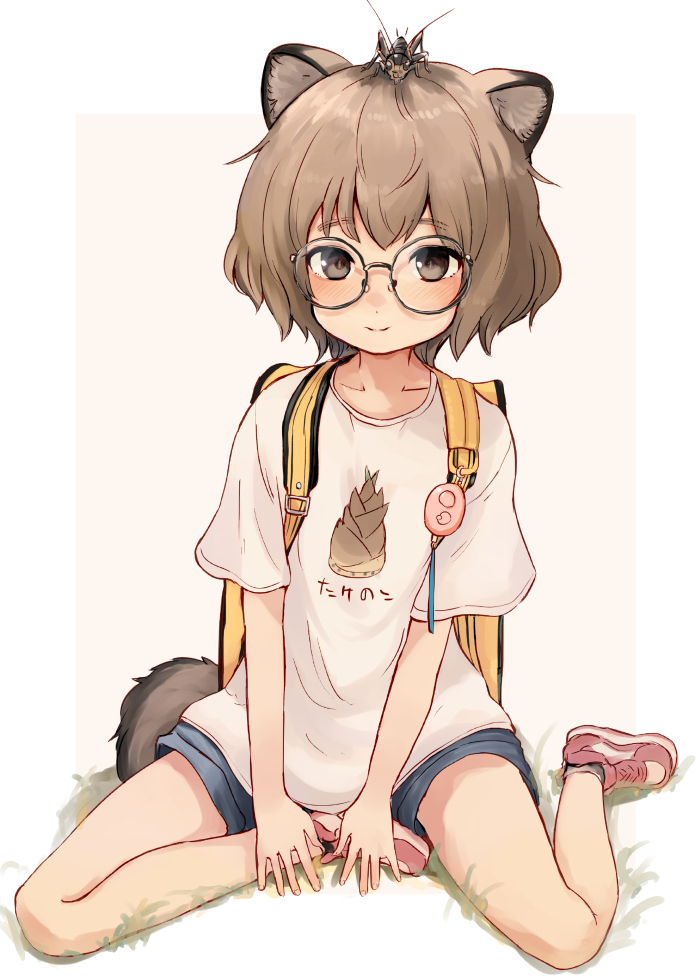 1girl glasses shirt shorts brown hair backpack sitting  illustration images