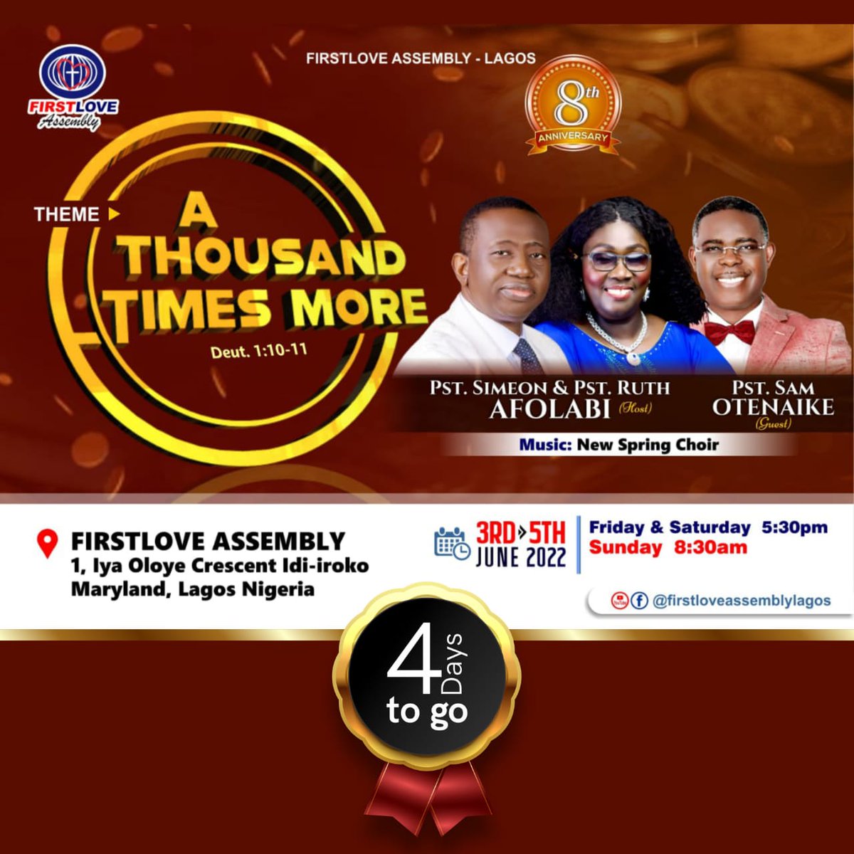 AsuefienJoel's tweet image. .......And on the fourth day, God created the Sun, the Moon &amp;amp; the stars.  

Glory! 

Join us in our season of #AThousandTimesMore from Friday 3rd to Sunday 5th June 2022 as our God causes His lights to shine forth in &amp;amp; through us. 

#FLALagosAt8 #FirstLoveAssembly