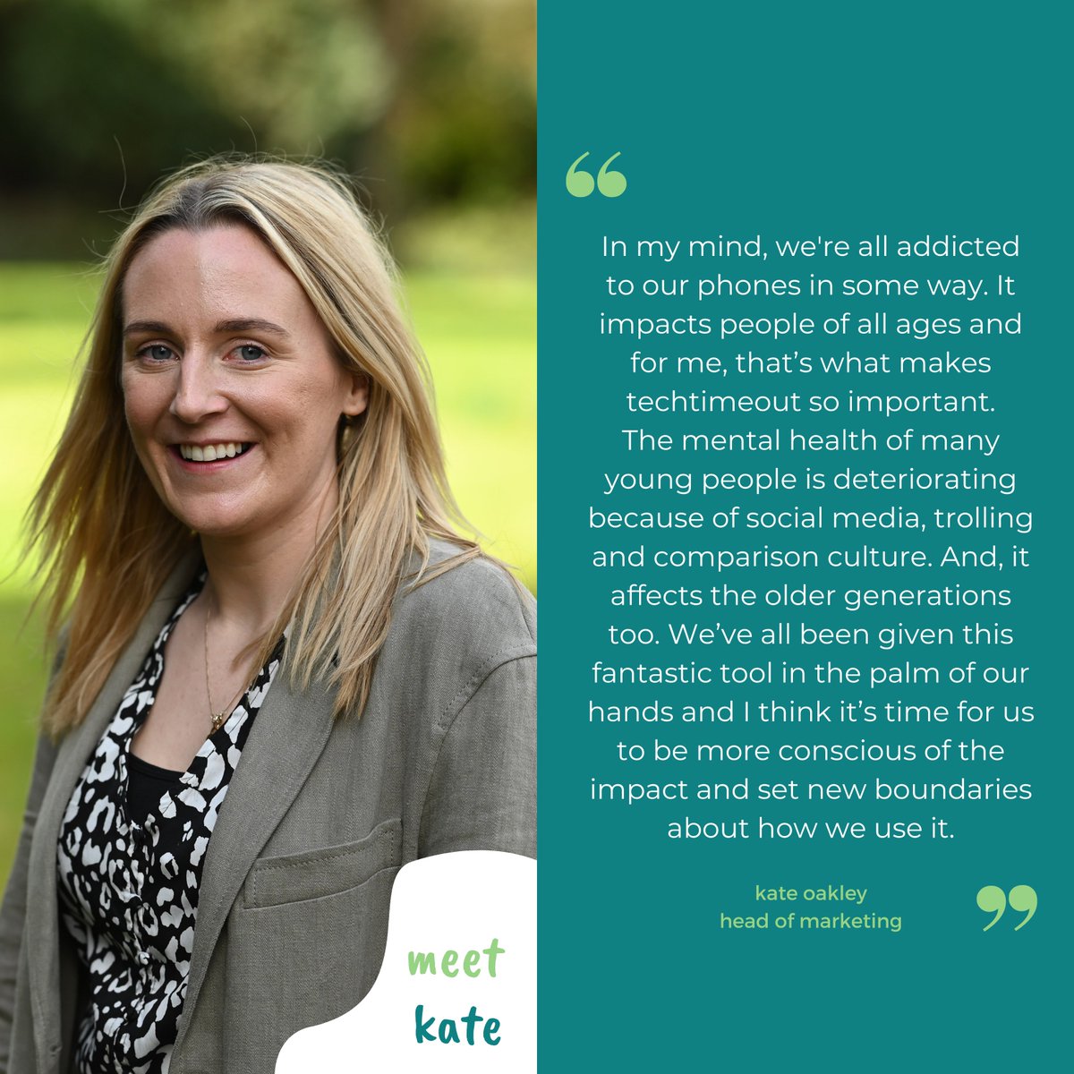 techtime_out's tweet image. It's Meet the team Monday! Next up is our own head of marketing - Kate Oakley!

Take a look at the post to find out why she is so passionate about techtimeout!💚

#techtimeout #meettheteam #mondaymotivation #digitalwellbeing