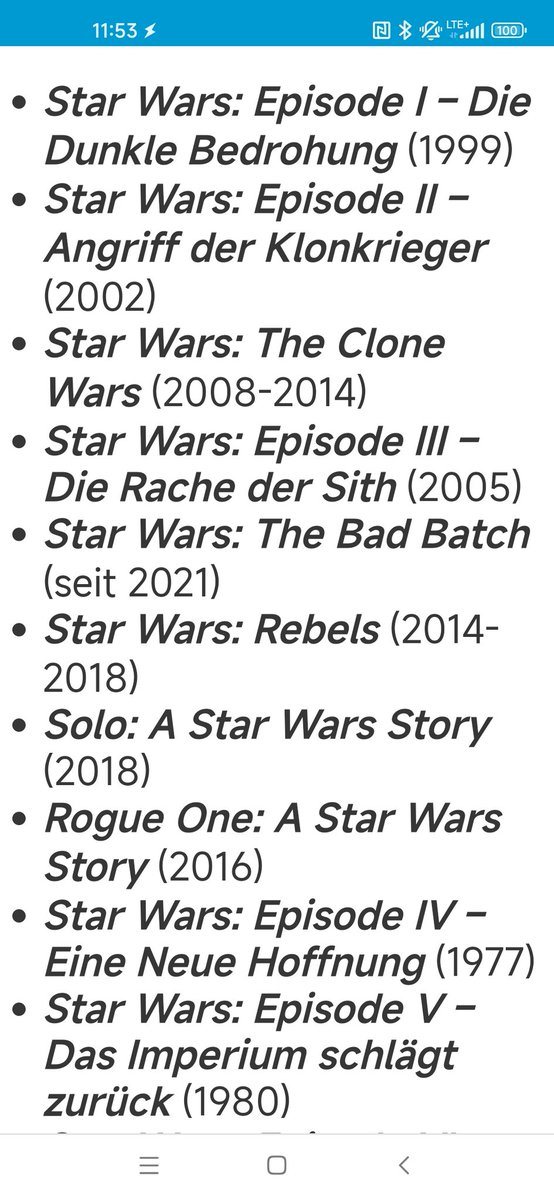 Kersten48505036's tweet photo. @TobinatorLP Chronologisch hängt alles so zusammen (fängt an mit "Die Dunkle Bedrohung"). "Obi-Wan Kenobi" ist noch nicht in dieser Liste, ist aber zwischen Episode III und IV einzuordnen. https://t.co/ymAo56UMSo