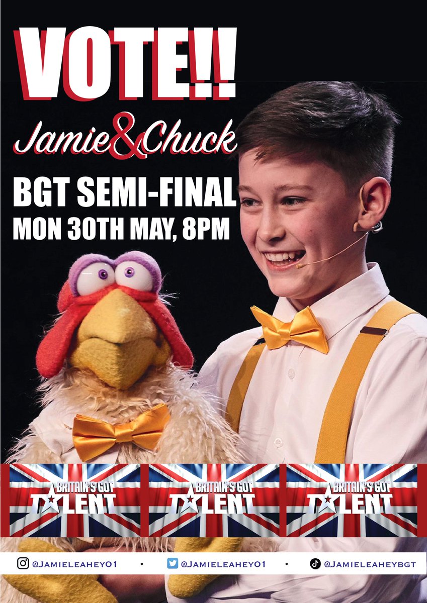 Saints1890's tweet photo. Get voting for #StHelens very own @JamieLeahey01 and his mate Chuck who are in the @BGT live semi finals tonight at 8pm! 😀

All of St Helens is behind you, Jamie! 🤞

#BGT | #COYS https://t.co/6nDasqRtXf