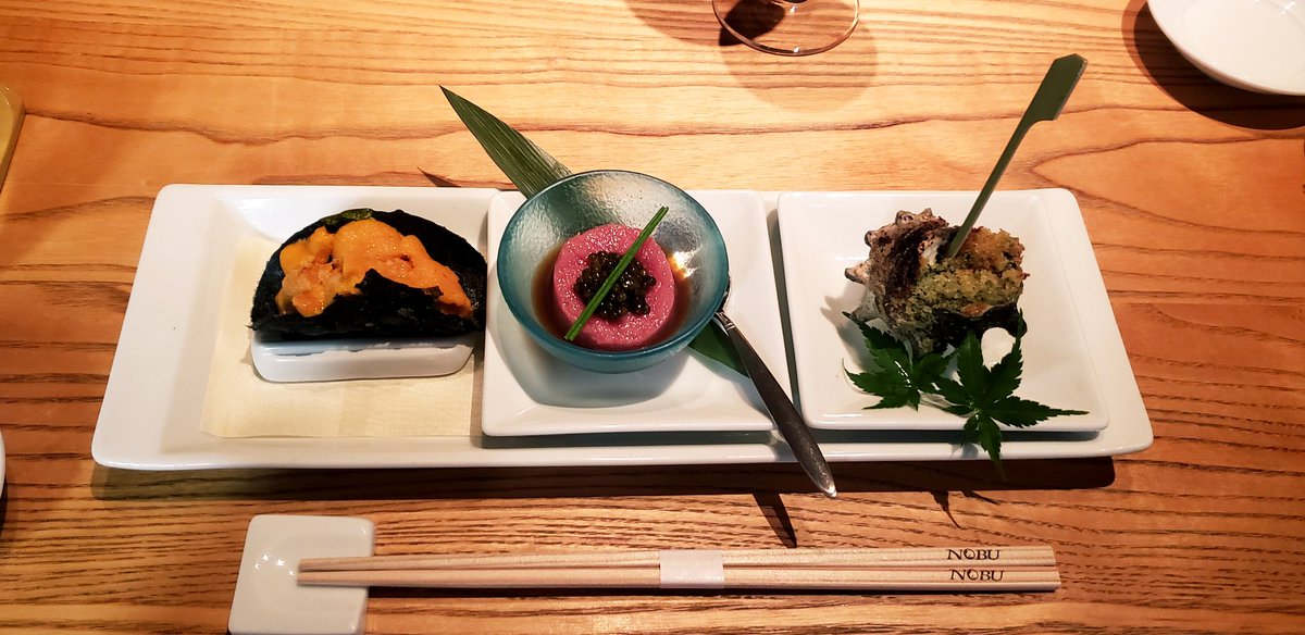 Eriko_Takurose's tweet photo. Uni Nori Tacos
Toro Tartar Caviar
Baby Sazae with Bourguignon Butter
Fruit Tomato with Bonino Frakes Matsuhisa Dressing
Black Cod with Miso
served with Miso Soup & Rice
#NobuTokyo
#NobuWeek
#nobuintown
@matsuhisajapan
@MatsuhisaW https://t.co/X1stLINZv9