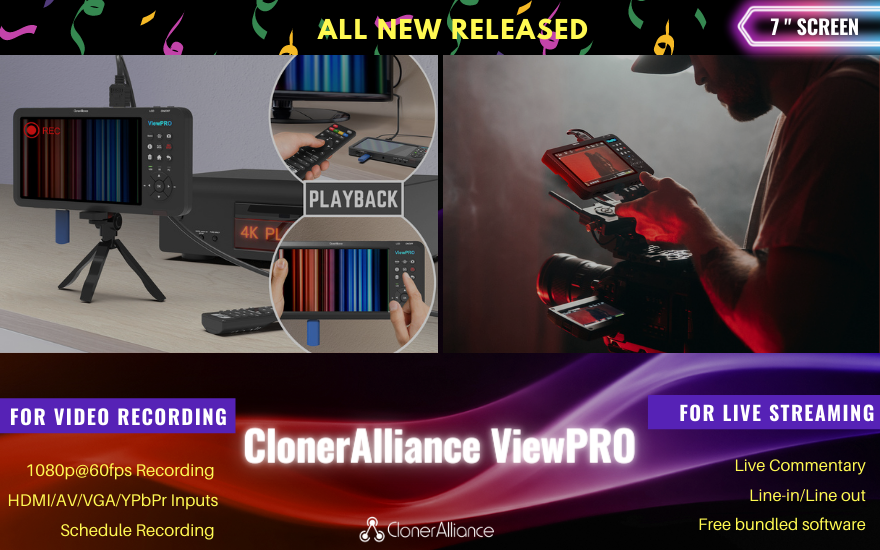 ClonerAlliance ViewPro, Portable 1080p@60fps HDMI Video Recorder and  Playback with 7 LCD, AV/VGA/YPbPr Inputs. Schedule Recording. No TV is  Required.