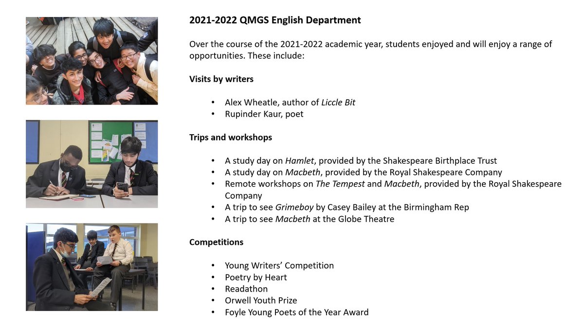 QMGSEnglish's tweet photo. Open evening @qmgs1554 is on Thursday 9th June. Here are some of the things that we do in the English department as part of our co-curricular offering @QMGSExtra. @qmgs1554qma @LibraryQmgs https://t.co/ml7P2I8Ssc