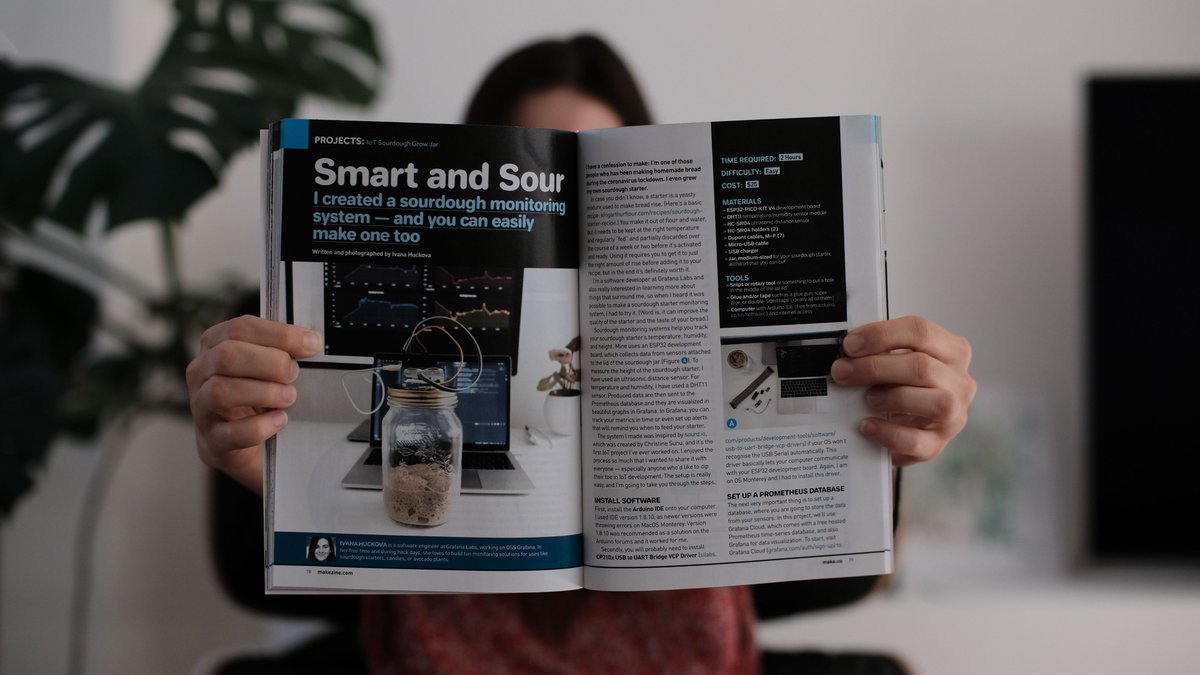 ivanahuckova's tweet photo. I am happy and honoured that my tutorial on how to make 🍞sourdough monitoring system using @arduino and @grafana was part of @make magazine vol81. If you are currently on bread baking 🌊, check it out! It is easy and fun and you learn more about the yeasty member of your family. https://t.co/SftbQPh3JE