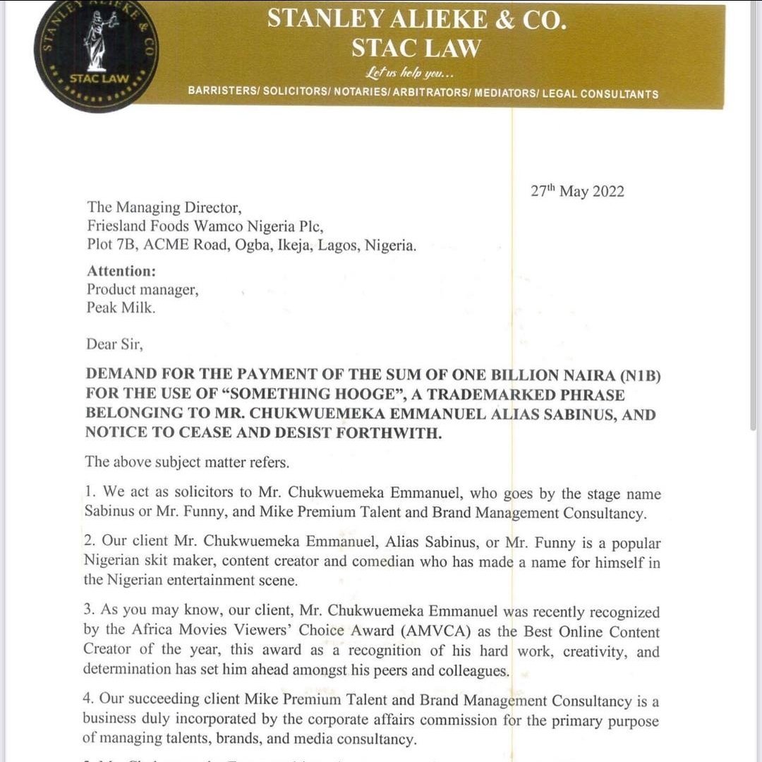 UjongOkpa's tweet photo. As an entrepreneur, artist or entertainer who desires to profit from a brand name, slogan, or product,  trademark should be non-negotiable.
@Sabinus1_ took his lawyer's hint and he should get SOMETHING HOOGE off it.

#exclusiveright #trademark #Entertainment #legal #ipandtech https://t.co/fzHAiOxGN9