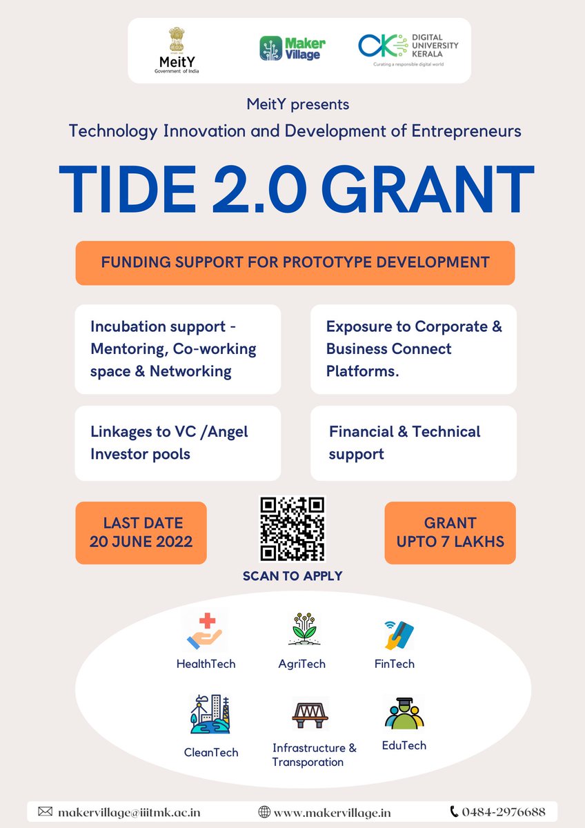 @MVKochi is inviting applications for @GoI_MeitY TIDE 2.0 Grant- Funding Support to early-stage startups for prototype development. Grant up to INR 7 lakhs for selected startups... Apply before 20th June 2022 to avail this opportunity. @MSH_MeitY