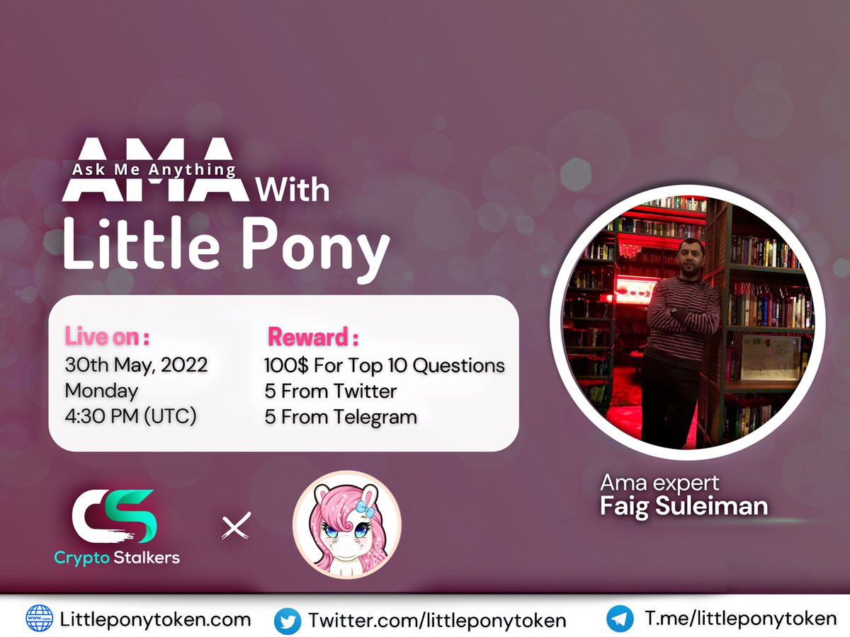 Zain_Onchain's tweet photo. 📢 We're thrilled to announce our next voice #AMA with @littleponytoken on 30th May at 4:30 PM UTC

💰 Reward Pool: 100$ 
📍 Venue: https://t.co/i30P1fXECm
〽️ Rules:
✅ Follow @StalkersCrypto &amp; @littleponytoken 
✅ Like &amp; RT
✅ Comment Questions &amp; Tag 3 Friends with BEP20 address https://t.co/y9VfywtlYI