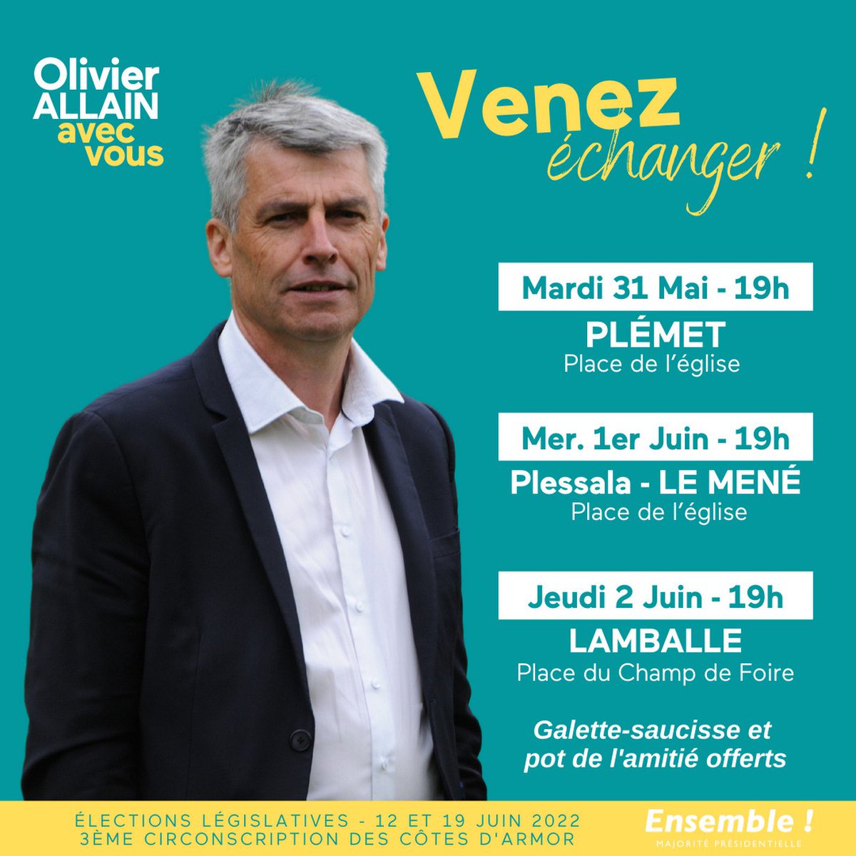 Olivier_Allain_'s tweet photo. 🚨CIRCO TOUR SEMAINE DU 30/05🚨

Au programme cette semaine :

➡️Mardi 31/05 à 19h à PLÉMET
➡️Mercredi 1/06 à 19h à PLESSALA
➡️Jeudi 2/06 à 19h à LAMBALLE

Nous vous attendons nombreux pour échanger sur les sujets qui vous tiennent à coeur et vous préoccupent ! https://t.co/lLvqOJDvx5