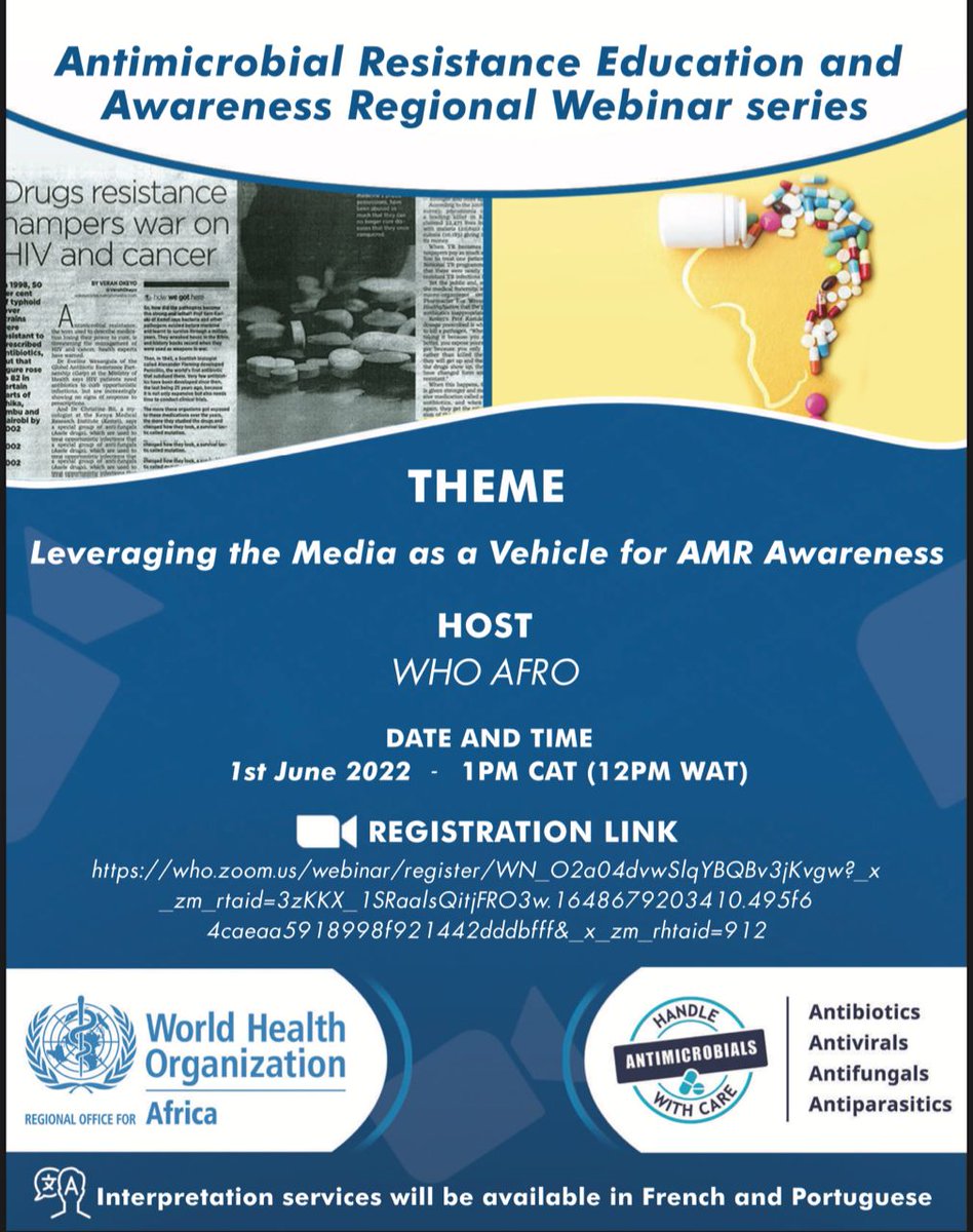 2 days to go! Join us for yet another informative webinar scheduled for 1st June, 2022 at 1pm CAT (12 WAT)
#AMR #LeaveNoOneBehind
#WHOAFRO