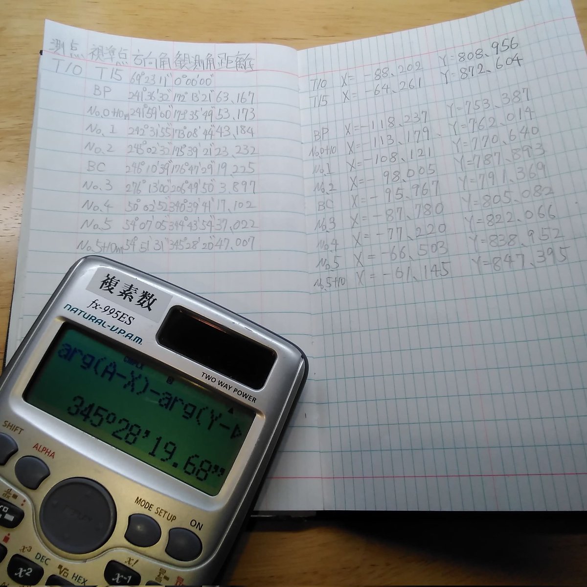 YrejGiwdPFPXHip's tweet image. 新入社員研修用の課題で、路線線形の中心点の座標値から杭打ちのため逆計算で観測角と距離を求めました。
野張の記入は、我流です😅
#トランシットブック　#transitbook #関数電卓 #casio 
 #測量 #土地家屋調査士