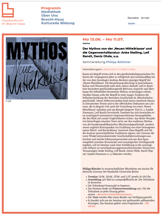 verbrecherei's tweet photo. Literatursoziologie!
"Der Mythos von der ‚Neuen Mittelklasse‘ und die Gegenwartsliteratur: Anke Stelling, Leif Randt, Deniz Ohde, u.a." lautet ein Seminar im @lfbrecht, Seminarleitung Philipp Böttcher. 
Zum Seminar: https://t.co/J99L590tEO
#ankestelling #philippböttcher (1/2) https://t.co/yEUmsC5ny2